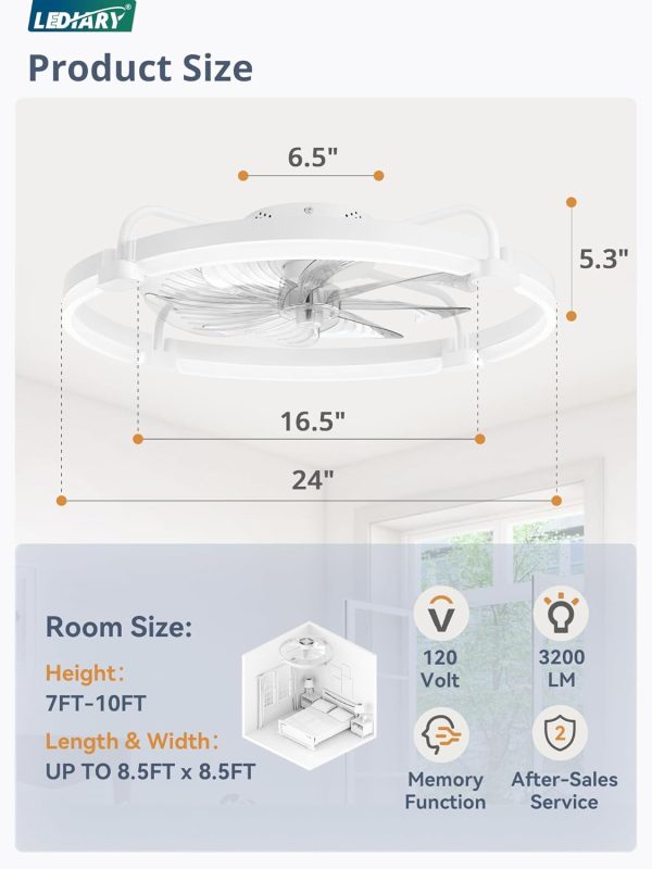 71juNoUnZYL._AC_SL1500_.jpg windphoto 2 Pack 24" Ceiling Fans with Lights and Remote, Low Profile | Flush Mount, Stepless Dimmable Fandelier, 6 Speeds, 3 CCT, Quiet Reversible DC Motor, 2H Timer, Bedroom, Living Room, White