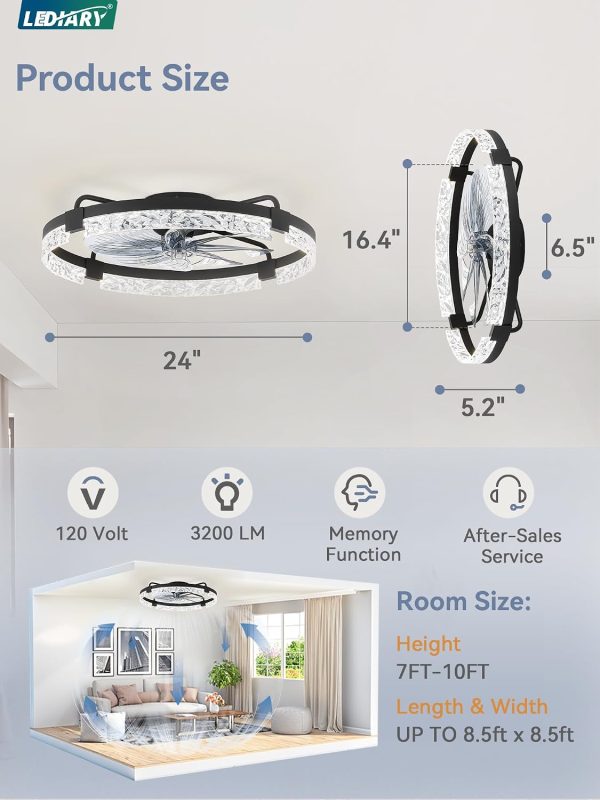 windphoto 2-Pack 24" Ceiling Fans with Lights, APP & Remote, Black | Low Profile, Flush Mount, Fandelier, 3000K-6000K, Dimmable LED, for Bedroom