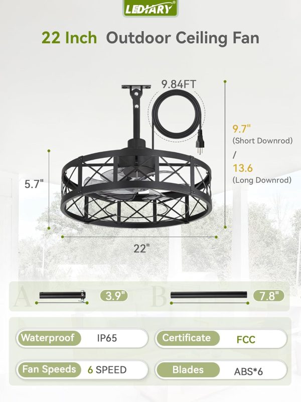 71jyH1OadhL._AC_SL1500_.jpg windphoto 22" Outdoor Ceiling Fan No Light, Wet Rated Gazebo Fan | IP65 Waterproof Plug in Outdoor Fan, 4Timer, 6-Speed Reversible Motor, Hanging Caged Ceiling Fan for Porch, Pergola