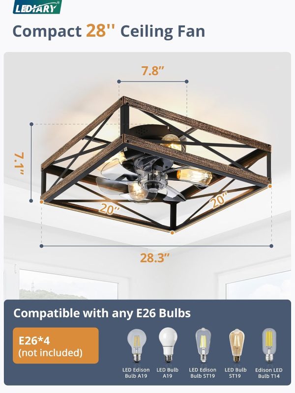 windphoto 20 Caged Low Profile Square Ceiling Fans with Lights and Remote | 6 Speed and Reversible, Small Farmhouse Rustic Bladeless Ceiling Fan Flush Mount for Bedroom, Kitchen, Dining Room