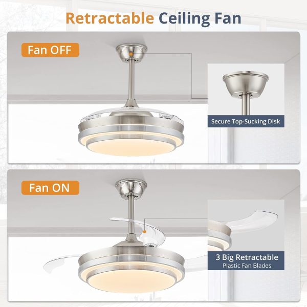 windphoto 42 Inch Retractable Ceiling Fans with Lights and Remote | Fandelier Ceiling Fans with LED Light, Modern Ceiling Fan, Stepless Color Changeable, Dimmable, Timer Setting, Brush Nickel