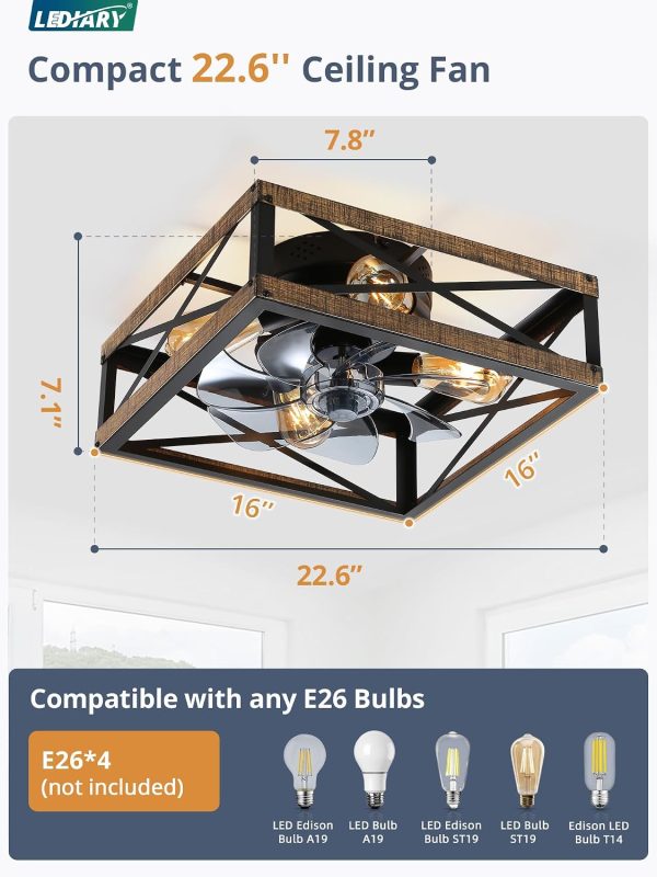 windphoto Caged Low Profile Square Ceiling Fans with Lights and Remote | 6 Speed and Reversible, Small Farmhouse Rustic Bladeless Ceiling Fan Flush Mount for Bedroom, Kitchen, Dining Room