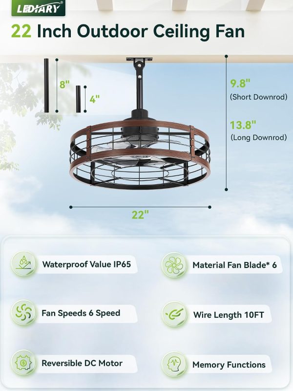 71kiCoPwgaL._AC_SL1500_.jpg windphoto 22" Outdoor Ceiling Fan No Light for Patios, Wet Rated Gazebo Fan | Outdoor Fan with Hanging Hook, Plug in, Remote Control,Caged, 6 Speeds, 4Timer, for Porch, Pergola, Canopy