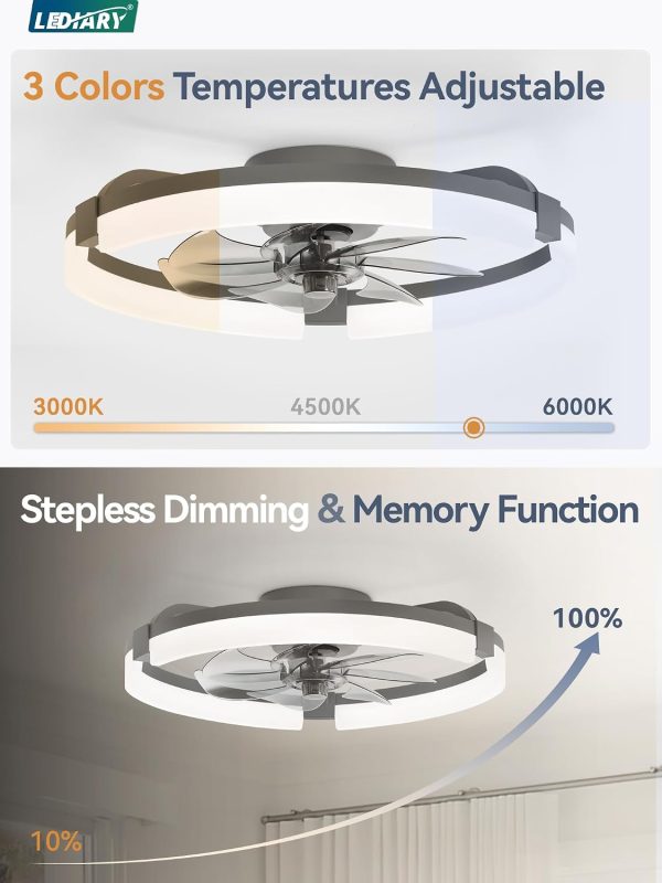 windphoto 20" Ceiling Fans with Lights, Low Profile Fandelier for Bedroom | Flush Mount Fan Light, Stepless Dimmable, App/Remote Control, 3 CCT Led, 6 Speeds, Quiet Reversible DC Motor, Grey