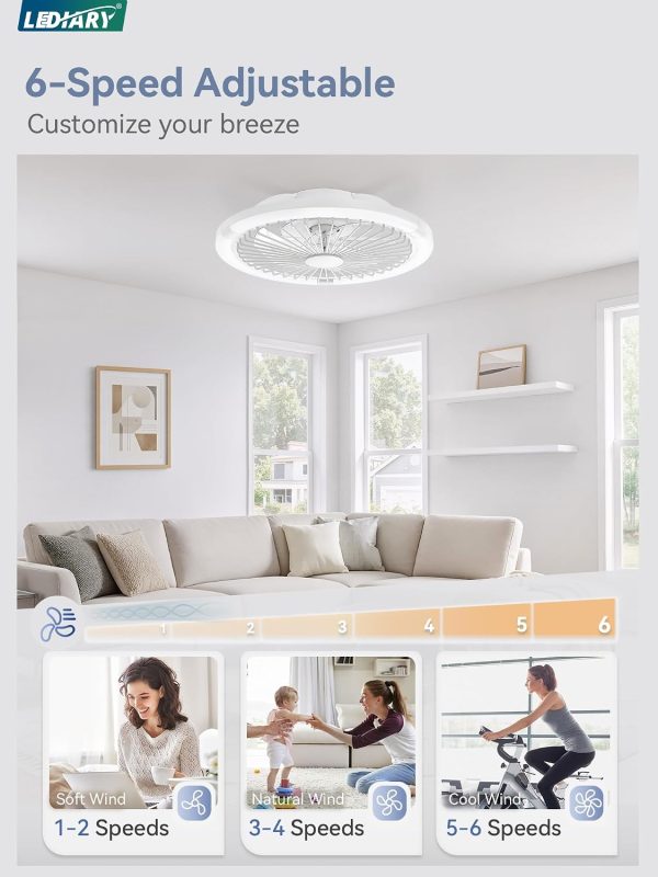 71kjzKLCAL._AC_SL1500_.jpg windphoto 20" Low Profile Bladeless Ceiling Fan with RGB, Remote&APP, White | Flush Mount, 6 Speed Adjustable, 3000-6000K Dimmable LED, Modern Enclosed Fandelier with Timming, Bedroom, Kids Room