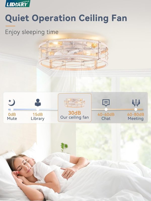 71klMg6RL-L._AC_SL1500_.jpg windphoto 20" White Gold Caged Low Profile Ceiling Fan with Light and Remote | Flush Mount, Bladeless Enclosed Fandelier, 6 Speed, Quiet Powerful DC, Rustic,Farmhouse, Small, Bedroom, Kitchen, Indoor