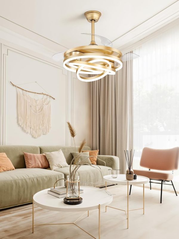 windphoto 42 Inch Retractable Ceiling Fan with Lights, Modern Gold Fandelier | 6 Speeds, 3000K-6000K Adjustable, DC Motor, Chandelier Ceiling Fans with Lights and Remote for Bedroom Living Room