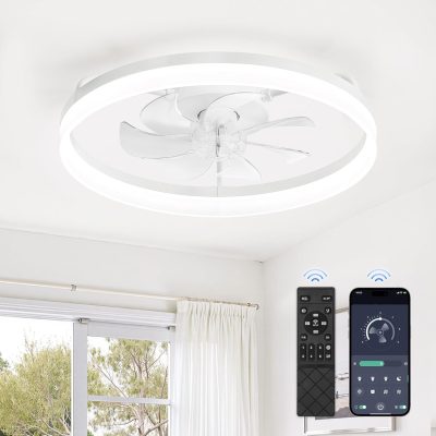71kyYjQgT3L._AC_SL1500_.jpg windphoto 20" Low Profile Ceiling Fans with Lights, APP & Remote, White | Flush Mount, Dimmable LED, Quiet DC Motor, Reversible, 6 Speeds, Fandelier, for Bedroom