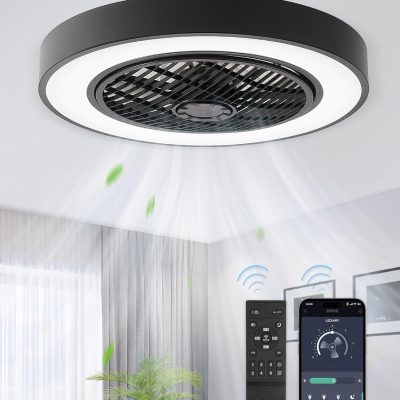 71l3BM9NEIL._AC_SL1500_.jpg windphoto 20 Inch Low Profile Bladeless Enclosed LED Ceiling Fan Light, Black | Flush Mount, Modern, 6 Speed Adjustable, 3000-6000K Dimmable, 3000LM, Indoor Bedroom Living Room, Remote/APP Control