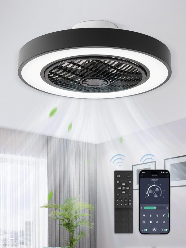 71l3BM9NEIL._AC_SL1500_.jpg windphoto 20 Inch Low Profile Bladeless Enclosed LED Ceiling Fan Light, Black | Flush Mount, Modern, 6 Speed Adjustable, 3000-6000K Dimmable, 3000LM, Indoor Bedroom Living Room, Remote/APP Control