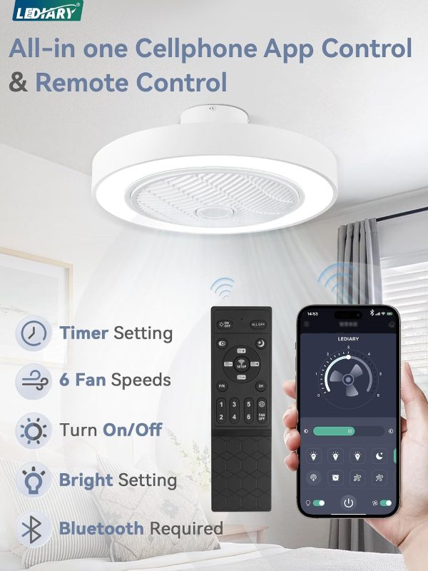 71lRlzXXHL._AC_SL1500_.jpg windphoto 22in Bladeless Enclosed LED Ceiling Fan Light with Remote, White | Flush Mount, Modern, 6 Speed Adjustable, 3000-6000K Dimmable, 3000LM, Indoor Bedroom Living Room, Remote/APP Control