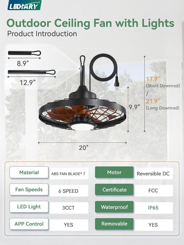 71lUKwAjDgL._AC_SL1500_.jpg windphoto 20" Outdoor Ceiling Fan with Lights,IP65 Waterproof Gazebo Hanging Fan with Remote Control Smart App, Plug in Caged Ceiling Fan with 3CCT 6-Speeds for Patio Porch Pergola(Walnut)