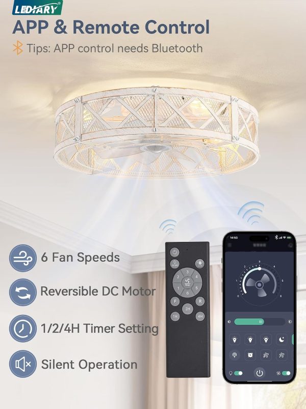 71luKPoQLuL._AC_SL1500_.jpg windphoto 23" Caged Farmhouse Ceiling Fan with Light, Flush Mount, White Gold | Remote&APP Control, Large Low Profile, Rustic Fandaliers, Industrial Bladeless Enclosed, Powerful Motor for Bedroom, Kitchen