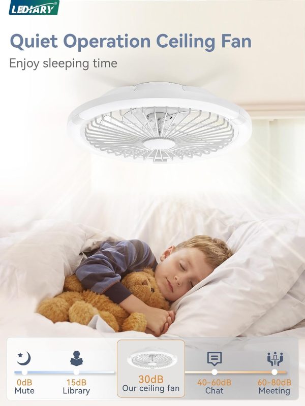 windphoto 20" Low Profile Bladeless Ceiling Fan with Light, Remote&APP, White | Flush Mount, 6 Speed Adjustable, 3000-6000K Dimmable LED, Modern Enclosed Fandelier with Timming, Bedroom, Kids Room