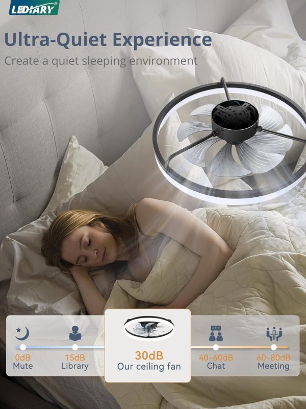 windphoto 23" Low Profile Ceiling Fans with Lights, APP & Remote, Black | Flush Mount, Dimmable LED, Quiet DC Motor, Reversible, 6 Speeds, Fandelier, for Bedroom
