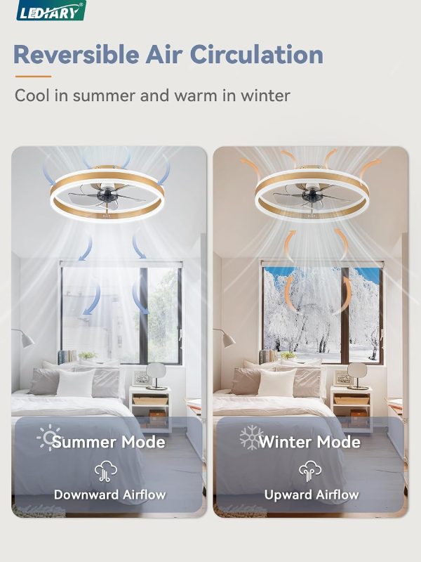 71mJSovxucL._AC_SL1500_.jpg windphoto 19.7'' Modern Low Profile Ceiling Fans with Lights and Remote,Gold | 3000-6000K Dimmable LED, 6 Wind Speeds, Quiet Reversible DC Motor, Small Flush Mount Fandelier for Bedroom, Living Room