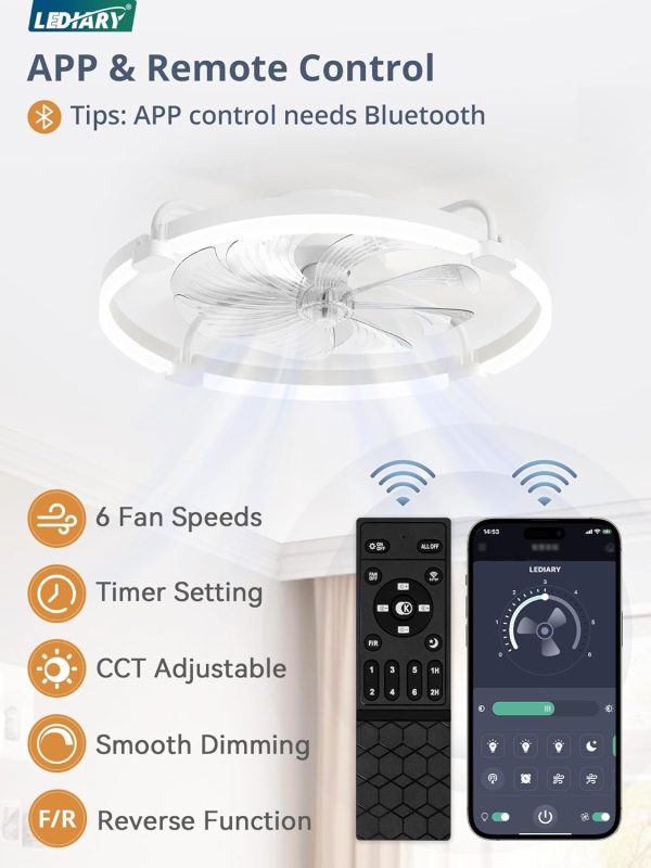 71mZSNBI7fL._AC_SL1500_.jpg windphoto 2 Pack 24" Ceiling Fans with Lights and Remote, Low Profile | Flush Mount, Stepless Dimmable Fandelier, 6 Speeds, 3 CCT, Quiet Reversible DC Motor, 2H Timer, Bedroom, Living Room, White