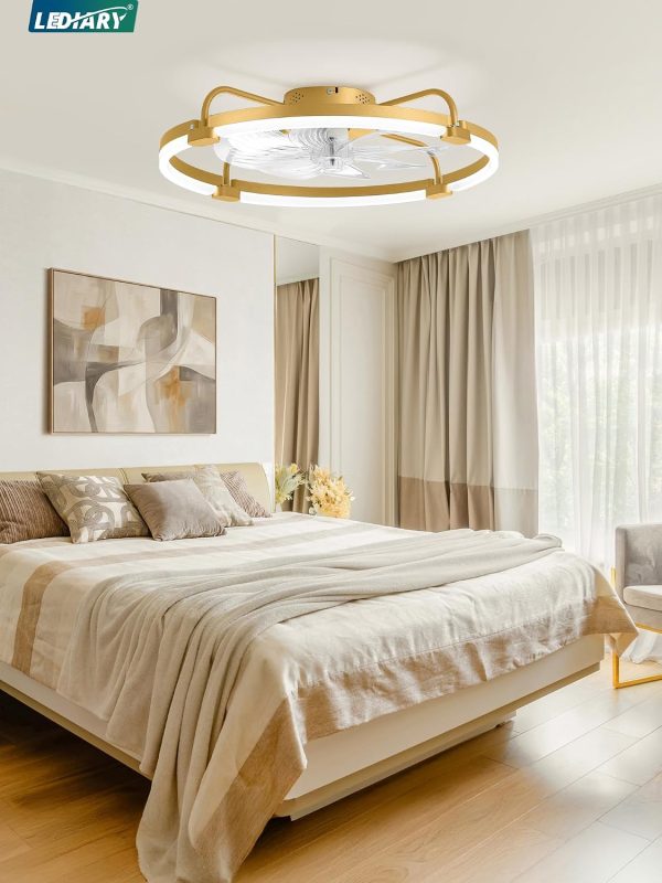 windphoto 24" Ceiling Fans with Lights and Remote, Low Profile Led Fan Light | Flush Mount, Stepless Dimmable Fandelier, 6 Speeds, 3 CCT, Quiet Reversible DC Motor, 2H Timer, Bedroom, Living Room, Gold