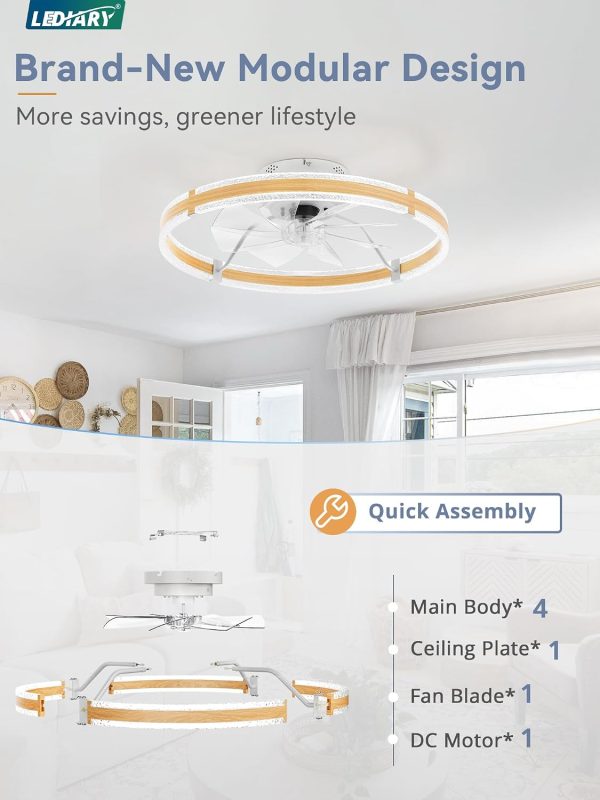windphoto 24'' Low Profile Ceiling Fans with Lights and Remote, Wood Grain | 3000-6000K Dimmable LED, 6 Wind Speeds, Quiet Reversible DC Motor, Small Flush Mount Fandelier for Bedroom, Living Room
