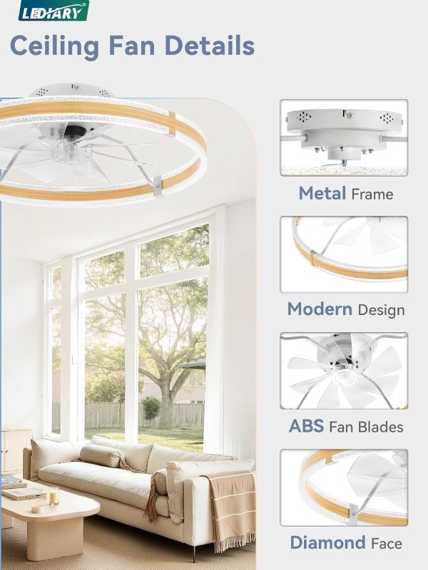 windphoto 24'' Low Profile Ceiling Fans with Lights and Remote, Wood Grain | 3000-6000K Dimmable LED, 6 Wind Speeds, Quiet Reversible DC Motor, Small Flush Mount Fandelier for Bedroom, Living Room