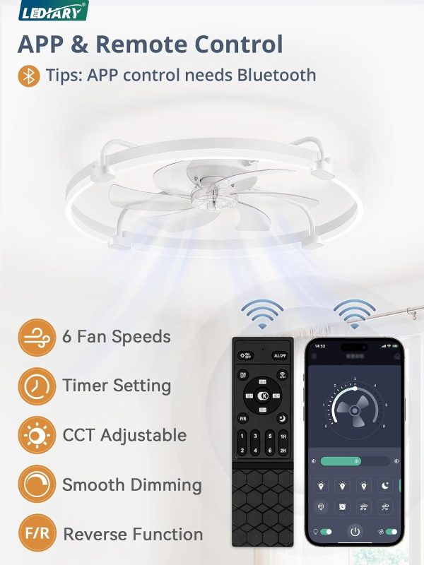 windphoto 26" Ceiling Fans with Lights and Remote, Low Profile Led Fan Light | Flush Mount, Stepless Dimmable Fandelier, 6 Speeds, 3 CCT, Quiet Reversible DC Motor, 2H Timer, Bedroom, Living Room, White