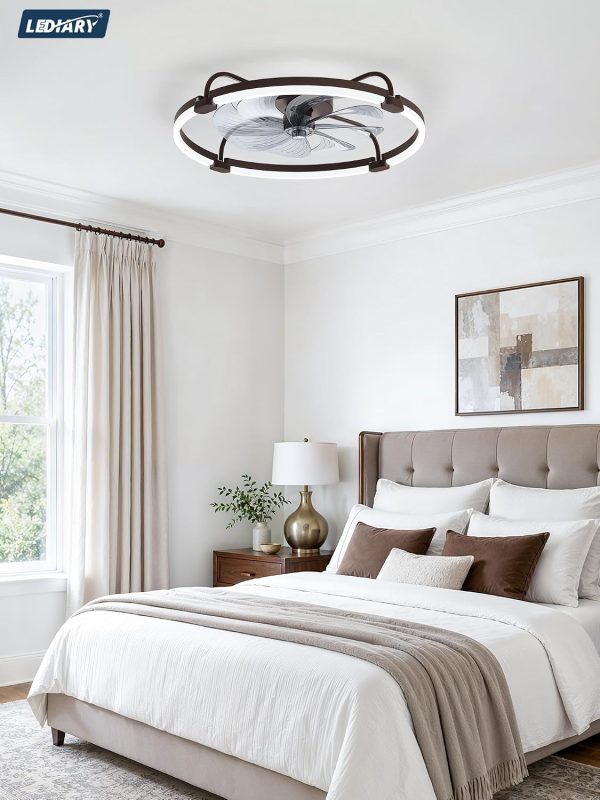 windphoto 24" Low Profile Ceiling Fans with Lights, Remote/APP Control, Brown | Wider Airflow, Stepless Dimmable LED, Quiet Reversible DC Motor, 6 Speeds, 3CCT, Timer, Bedroom, Living Room, Kitchen