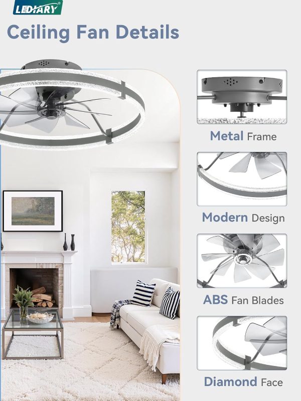 windphoto 24'' Modern Low Profile Ceiling Fans with Lights and Remote, Gray | 3000-6000K Dimmable LED, 6 Wind Speeds, Quiet Reversible DC Motor, Small Flush Mount Fandelier for Bedroom, Living Room