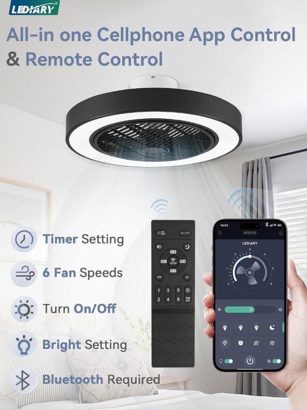 71n3PsX1M-L._AC_SL1500_.jpg windphoto 22in Bladeless Enclosed LED Ceiling Fan Light with Remote, Black | Flush Mount, Modern, 6 Speed Adjustable, 3000-6000K Dimmable, 3000LM, Indoor Bedroom Living Room, Remote/APP Control