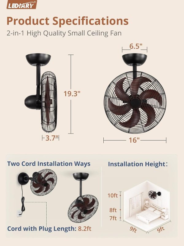 71n88D1qlzL._AC_SL1500_.jpg windphoto 16 Inch Small Wall Mount Fan and Remote with Plug in Cord, Walnut | 6 Speed, Adjustable Tilt, Timing, Reversible, Wall Mounted Fan, Indoor, Tabletop, Garage, Shop, Corner Gym, Bedroom, Office