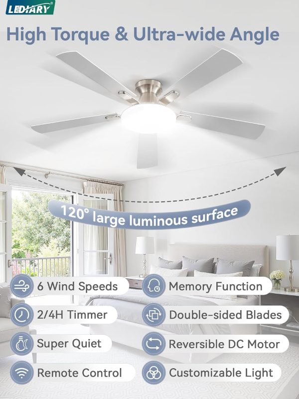 52 Inch Ceiling Fan with Lights and Remote, 30W 12" LED Panel Flush Mount Ceiling Fan, 6-Speed Quiet DC Motor Modern Low Profile Ceiling Fan with Reversible Blades for Bedroom, Living Room, Patio