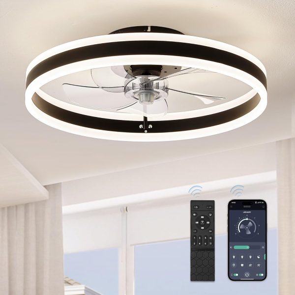 71njcvRmqYL._AC_SL1500_.jpg windphoto 19.7'' Modern Low Profile Ceiling Fans with Lights and Remote,Black | 3000-6000K Dimmable LED, 6 Wind Speeds, Quiet Reversible DC Motor, Small Flush Mount Fandelier for Bedroom, Living Room