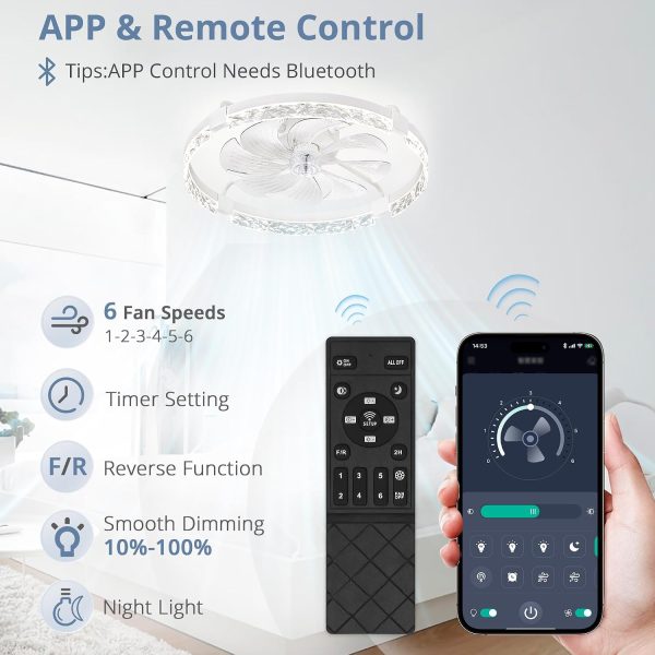 windphoto 24" Ceiling Fans with Lights and Remote, Fandelier White | 3CCT, 6 Speeds, Dimmable Low Profile, Flush Mount Ceiling Fan, Timer, Reversible, Memory, Bedroom, Living Room, Kitchen