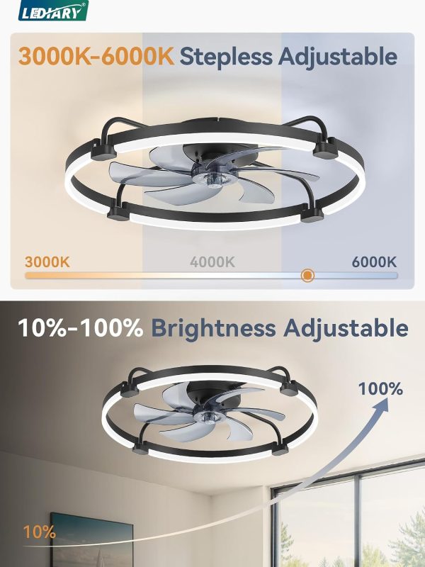 windphoto 26" Ceiling Fans with Lights and Remote, Low Profile Led Fan Light | Flush Mount, Stepless Dimmable Fandelier, 6 Speeds, 3 CCT, Quiet Reversible DC Motor, 2H Timer, Bedroom, Living Room, Black