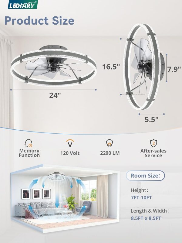 windphoto 24'' Modern Low Profile Ceiling Fans with Lights and Remote, Gray | 3000-6000K Dimmable LED, 6 Wind Speeds, Quiet Reversible DC Motor, Small Flush Mount Fandelier for Bedroom, Living Room