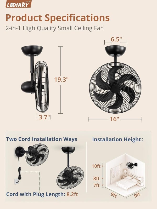 windphoto 16 Inch Small Wall Mount Fan and Remote with Plug in Cord, Black | 6 Speed, Adjustable Tilt, Timing, Reversible, Wall Mounted Fan, Indoor, Tabletop, Garage, Shop, Corner Gym, Bedroom, Office