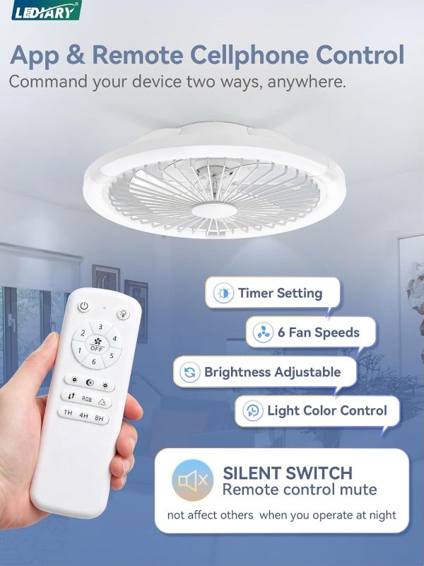 71oEcuqKhCL._AC_SL1500_.jpg windphoto 20" Low Profile Bladeless Ceiling Fan with RGB, Remote&APP, White | Flush Mount, 6 Speed Adjustable, 3000-6000K Dimmable LED, Modern Enclosed Fandelier with Timming, Bedroom, Kids Room