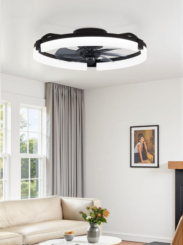 windphoto 20" Ceiling Fans with Lights, Low Profile Fandelier for Bedroom | Flush Mount Fan Light, Stepless Dimmable, App/Remote Control, 3 CCT Led, 6 Speeds, Quiet Reversible DC Motor, Black