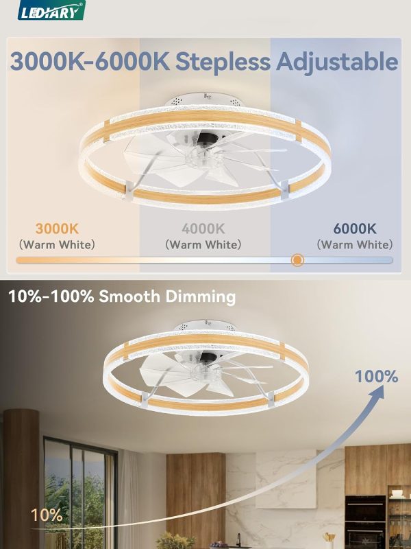windphoto 24'' Low Profile Ceiling Fans with Lights and Remote, Wood Grain | 3000-6000K Dimmable LED, 6 Wind Speeds, Quiet Reversible DC Motor, Small Flush Mount Fandelier for Bedroom, Living Room