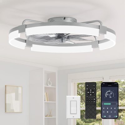 windphoto 24" Ceiling Fans with Lights, Low Profile Fandelier for Bedroom | Flush Mount Fan Light, Stepless Dimmable, App/Remote Control, 3 CCT Led, 6 Speeds, Quiet Reversible DC Motor, Grey
