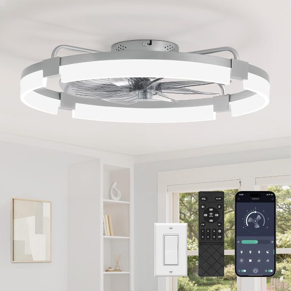windphoto 24" Ceiling Fans with Lights, Low Profile Fandelier for Bedroom | Flush Mount Fan Light, Stepless Dimmable, App/Remote Control, 3 CCT Led, 6 Speeds, Quiet Reversible DC Motor, Grey