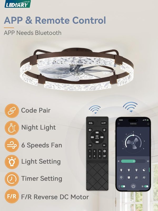 windphoto 2-Pack 24" Ceiling Fans with Lights, APP & Remote, Brown | Low Profile, Flush Mount, Fandelier, 3000K-6000K, Dimmable LED, for Bedroom