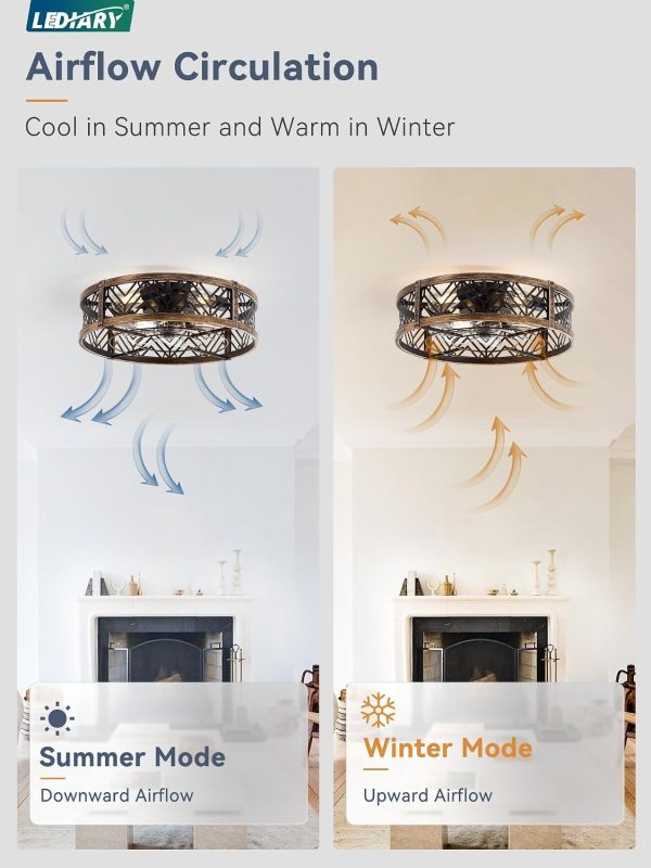71pHRH86M4L._AC_SL1500_.jpg windphoto 20" Caged Ceiling Fan with Light and Remote, Fandalier, Black Gold | Flush Mount Low Profile, APP Control, Rustic Bladeless Industrial Enclosed, Quiet & Powerful for Bedroom,Kitchen,Dining Room