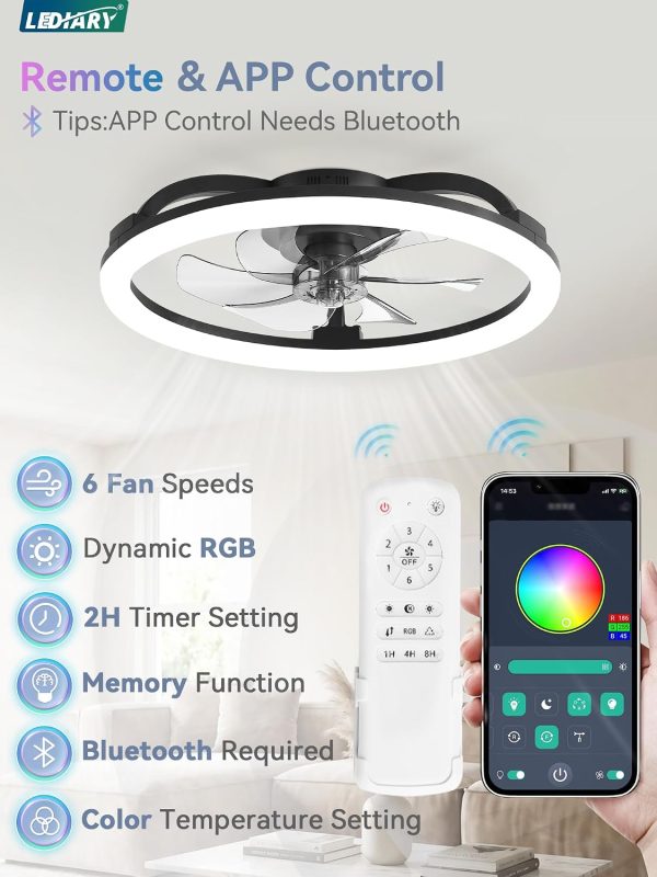 71pbgJ91t-L._AC_SL1500_.jpg windphoto 23" Ceiling Fans with Lights and Remote for Bedroom, Black | RGB Low Profile Fan Light, 3000K-6000K Stepless Dimmable, 6 Speed, Reversible DC Motor, APP & Remote Control, Low Noice