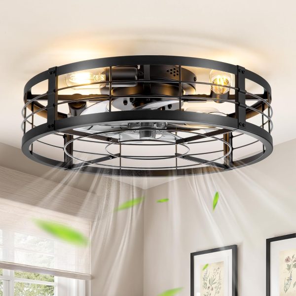 71pcPQglt8L._AC_SL1500_.jpg windphoto 20" Black Caged Low Profile Ceiling Fan with Light and Remote | Flush Mount, Bladeless Enclosed Fandelier, 6 Speed, Quiet Powerful DC, Rustic,Farmhouse, Small, Bedroom, Kitchen, Indoor