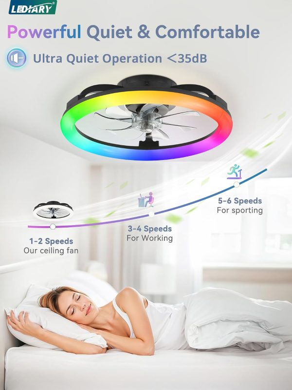 71pqo1u301L._AC_SL1500_.jpg windphoto RGB Low Profile Ceiling Fans with Lights and Remote, 20 Inch Dimmable Modern Fan Light(3000K-6000K), 6 Speed, Reversible, APP & Remote Control, Flush Mount Ceiling Fan for Bedroom, Black