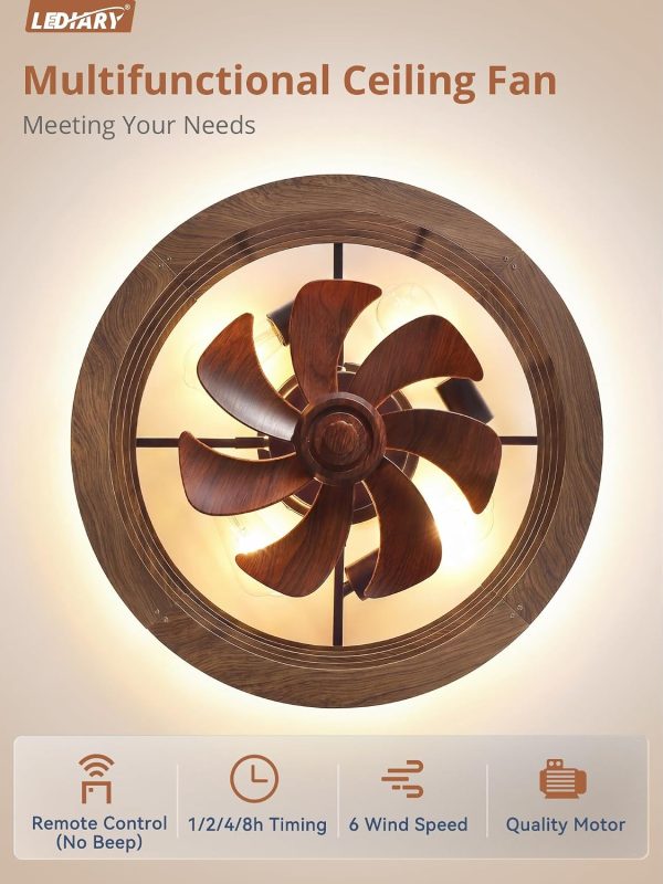 windphoto 20" Caged Low Profile Enclosed Ceiling Fan Light with Remote | Flush Mount, Bladeless Enclosed Fandelier, 6 Speed, Quiet Reversible DC, Rustic, Victorian, Rustic, Bedroom, Kitchen