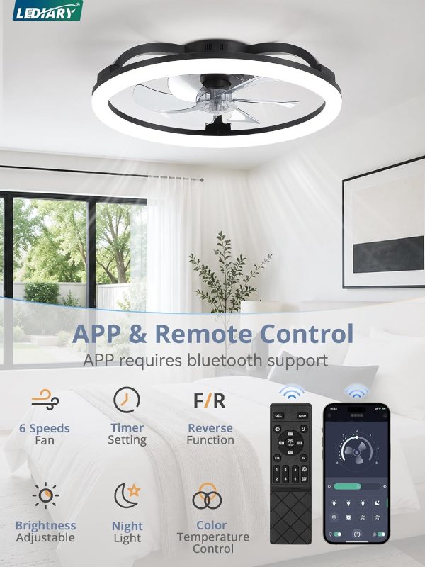 71qHmpfGH5L._AC_SL1500_.jpg windphoto 23" Ceiling Fans with Lights and Remote for Bedroom, Black | Low Profile Fan Light, 3000K-6000K Stepless Dimmable Fandelier, 6 Speed, Reversible DC Motor, APP & Remote Control, Low Noice