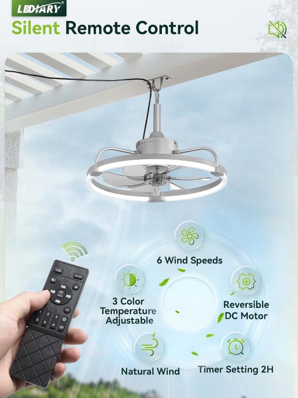 windphoto 20" Waterproof Grey Outdoor Ceiling Fan with Light for Gazebo | IP65 Wet Rated,APP Control,6-Speeds,3CCT Dimmable,Reverse DC Motor,Suitable for 10' x 12' Area,Plug In for Patio,Porch