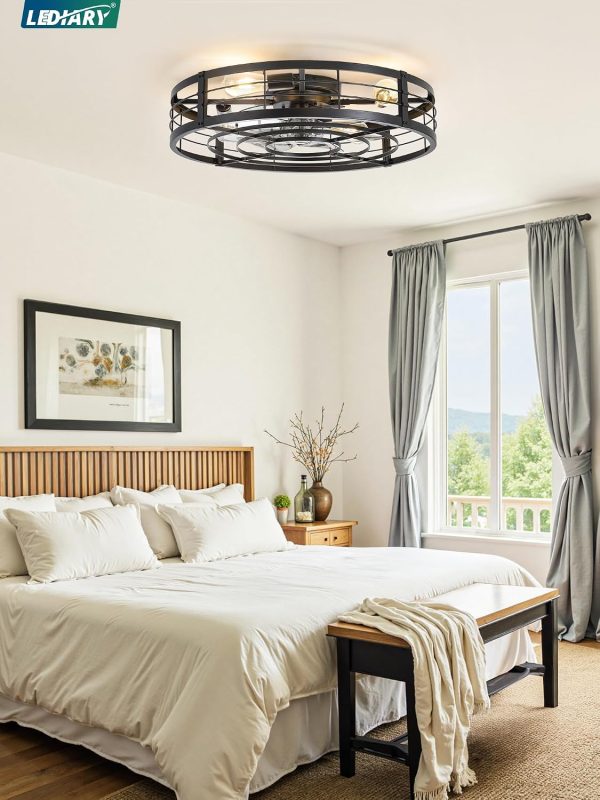 windphoto 26" Black Caged Low Profile Ceiling Fan with Light and Remote | Flush Mount, Bladeless Enclosed Fandelier, 6 Speed, Quiet Powerful DC, Rustic,Farmhouse, Large, Bedroom, Kitchen, Indoor