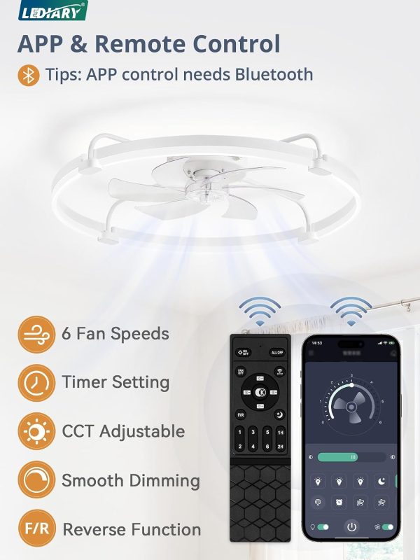 windphoto 30" Ceiling Fans with Lights and Remote, Low Profile Led Fan Light | Flush Mount, Stepless Dimmable Fandelier, 6 Speeds, 3 CCT, Quiet Reversible DC Motor, 2H Timer, Bedroom, Living Room, White